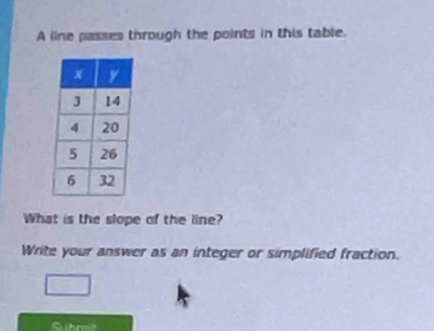 a line passes through the points in this table. what is the slope of th…