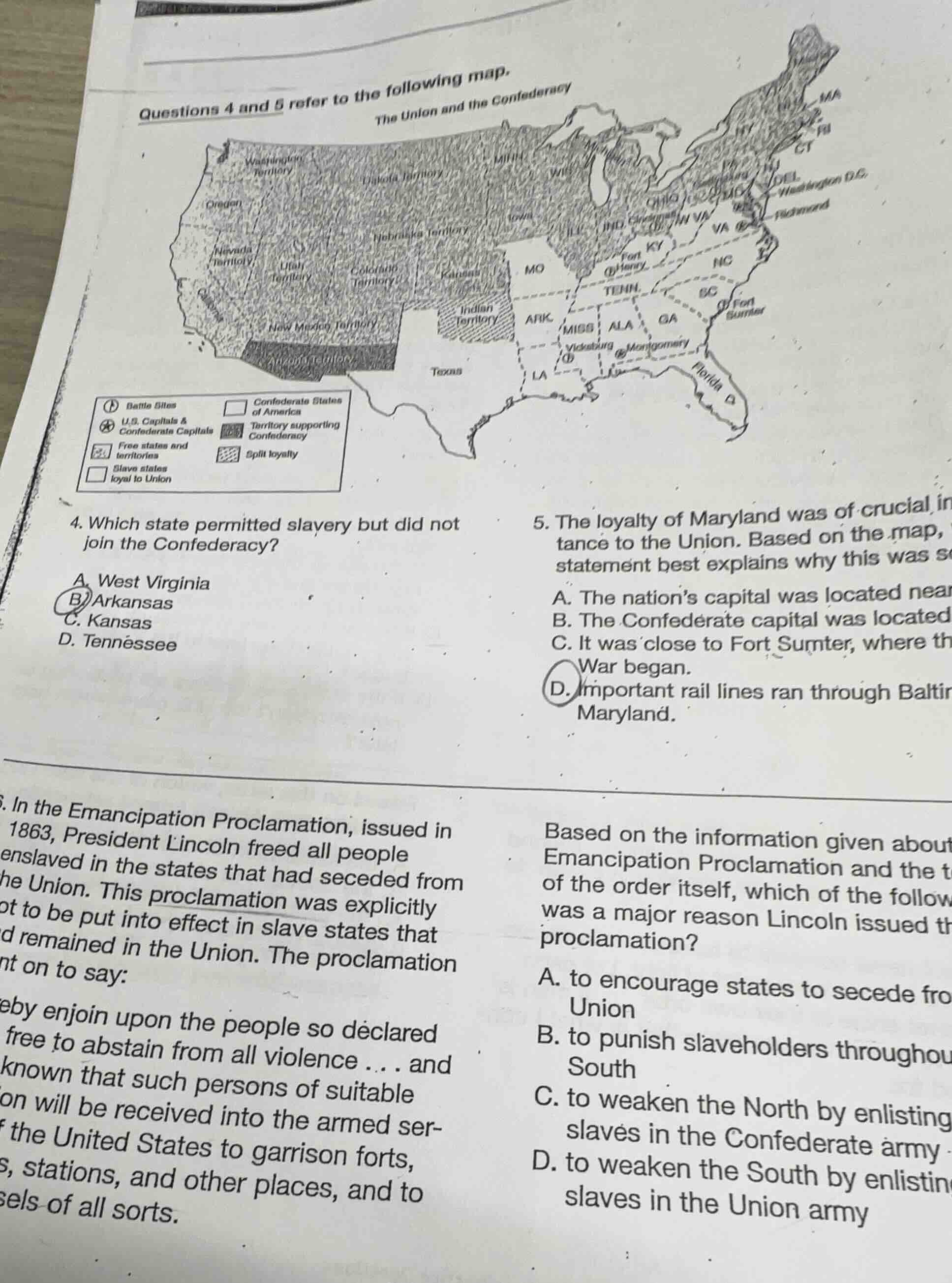 questions 4 and 5 refer to the following map. the union and the confede…