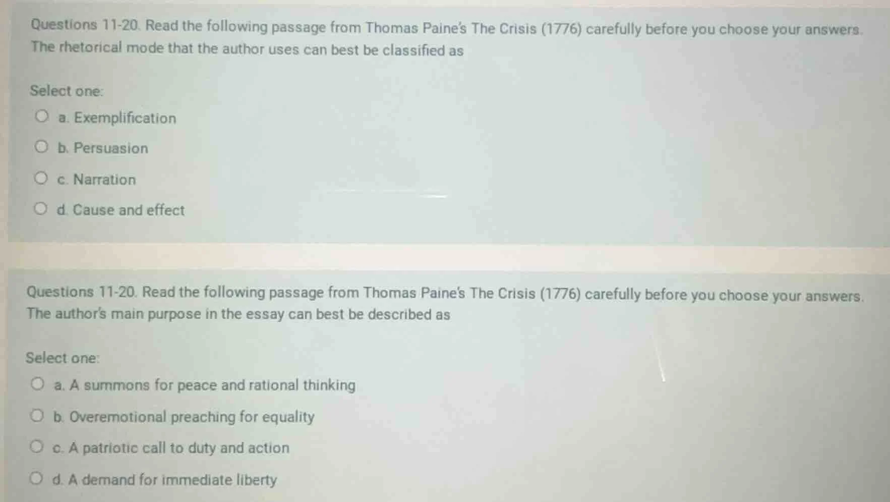 questions 11-20. read the following passage from thomas paines the cris…