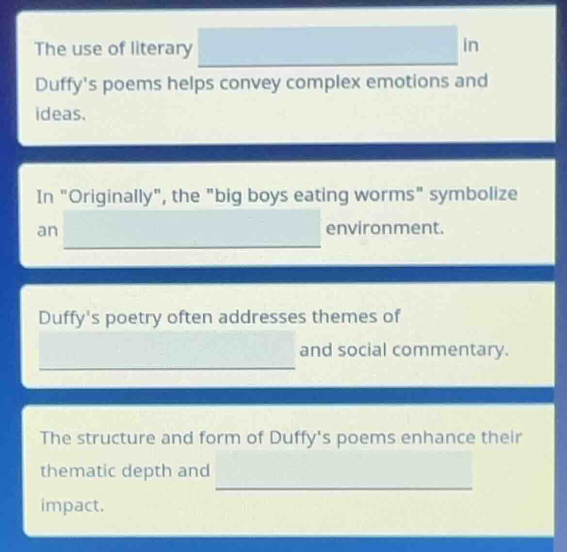 the use of literary ______ in duffys poems helps convey complex emotion…