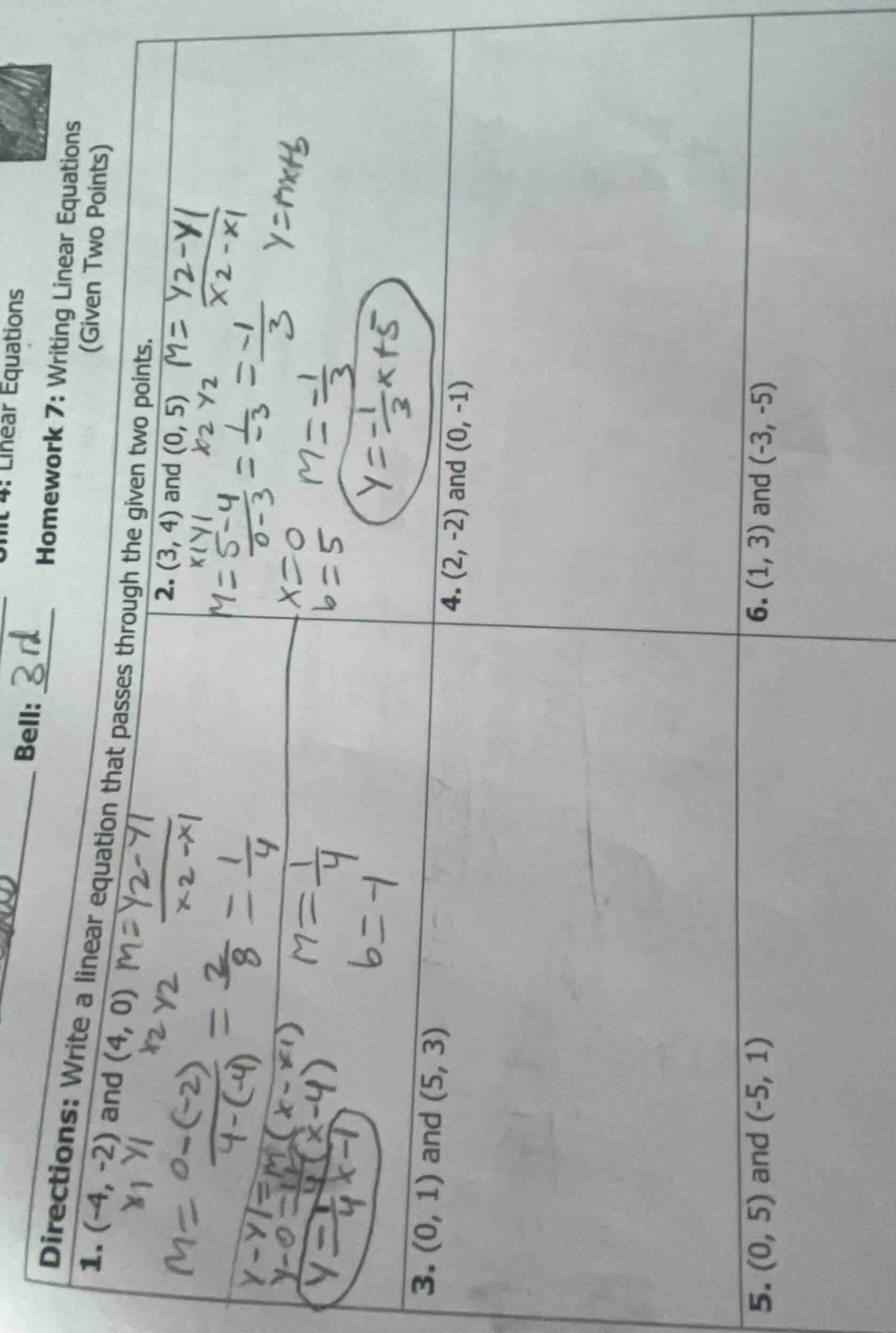 unit 4: linear equations bell: 3rd homework 7: writing linear equations…