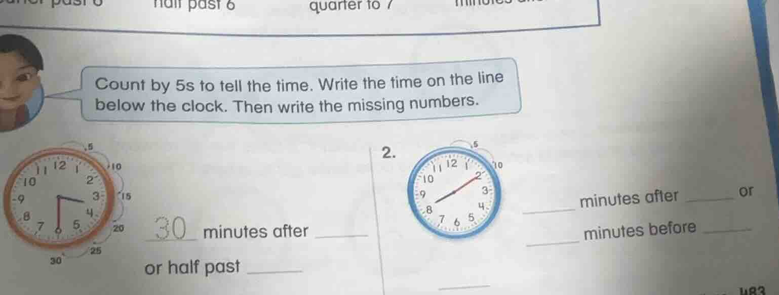 count by 5s to tell the time. write the time on the line below the cloc…