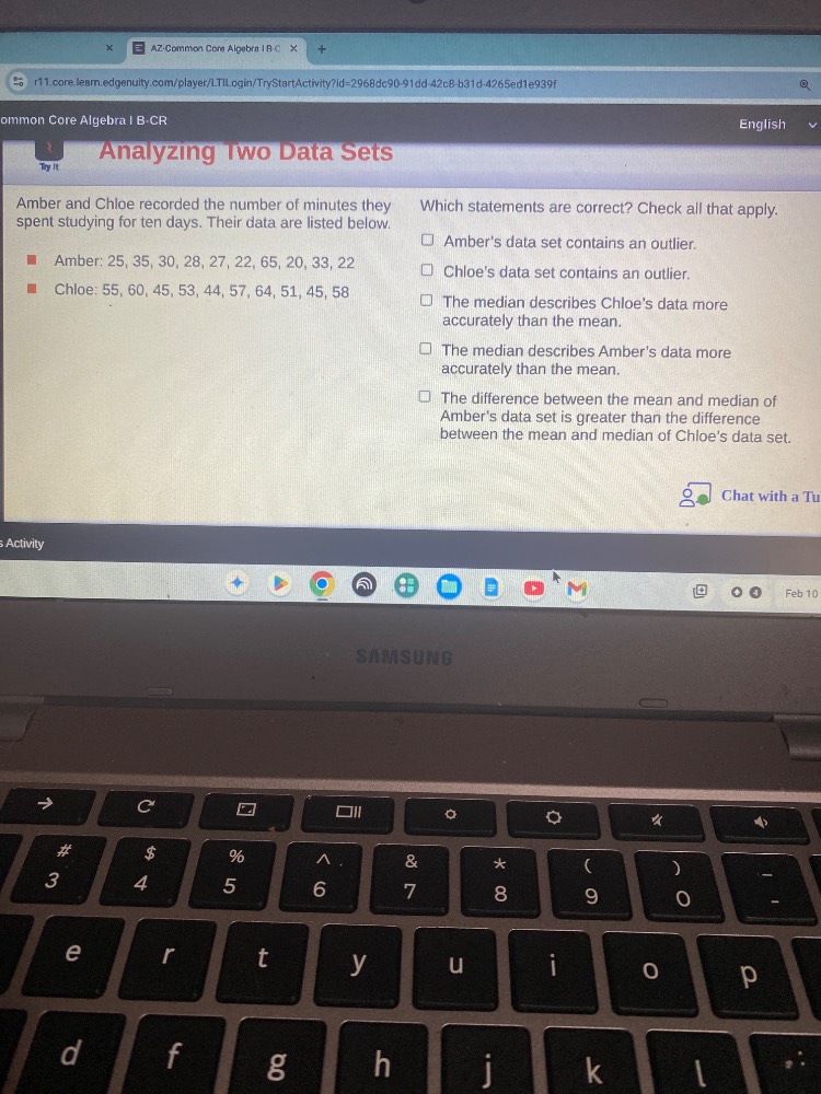 analyzing two data sets amber and chloe recorded the number of minutes …