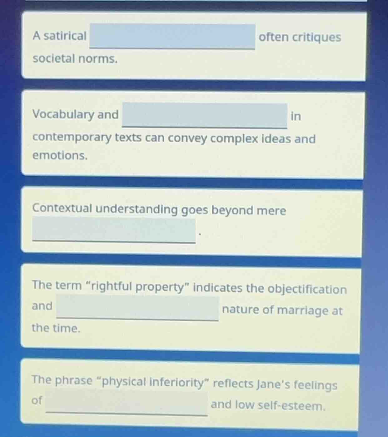 a satirical □ often critiques societal norms. vocabulary and □ in conte…