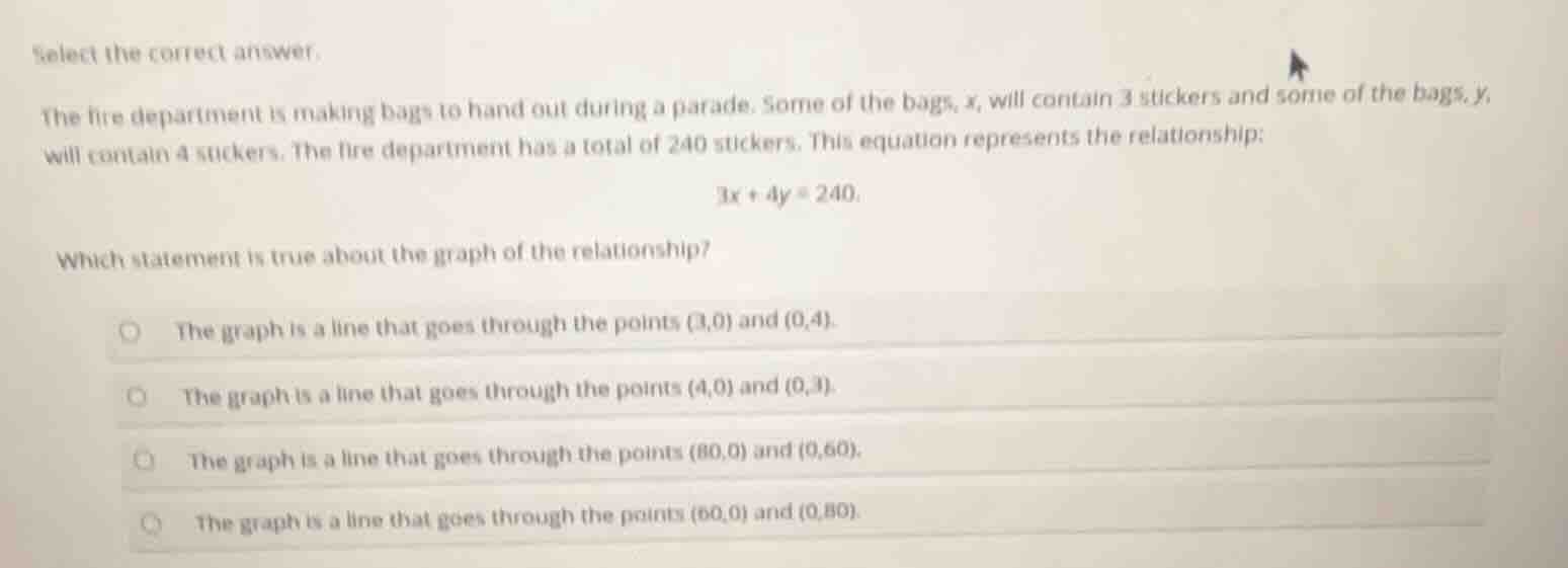 select the correct answer. the fire department is making bags to hand o…