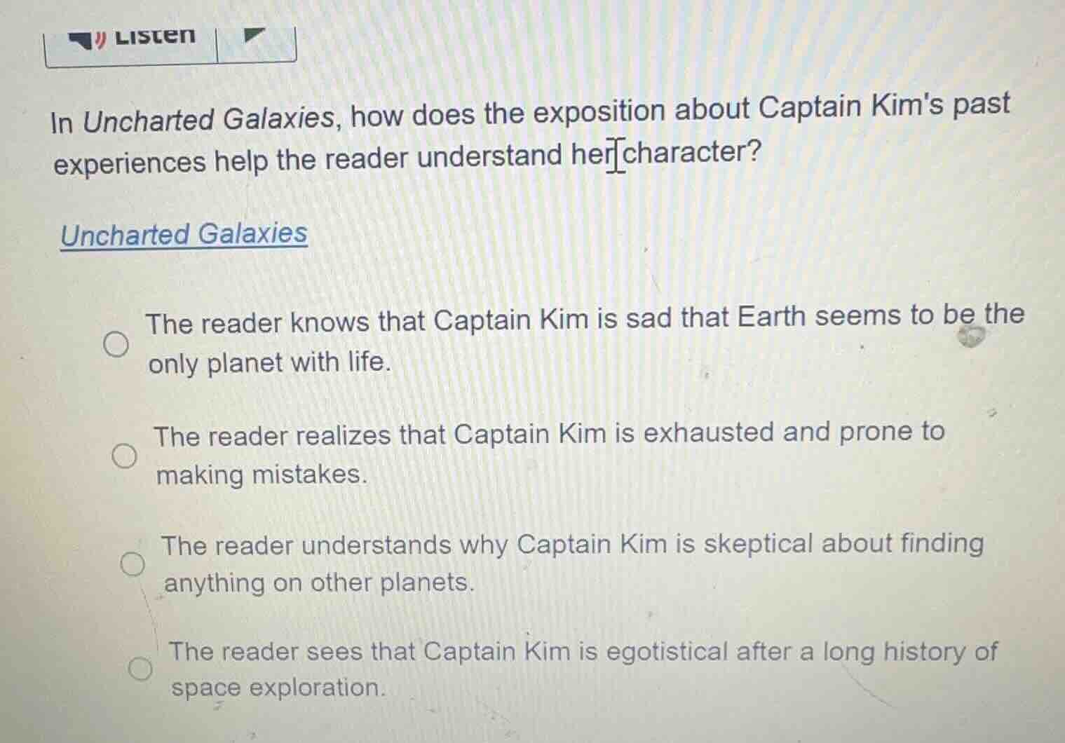 listen in uncharted galaxies, how does the exposition about captain kim…
