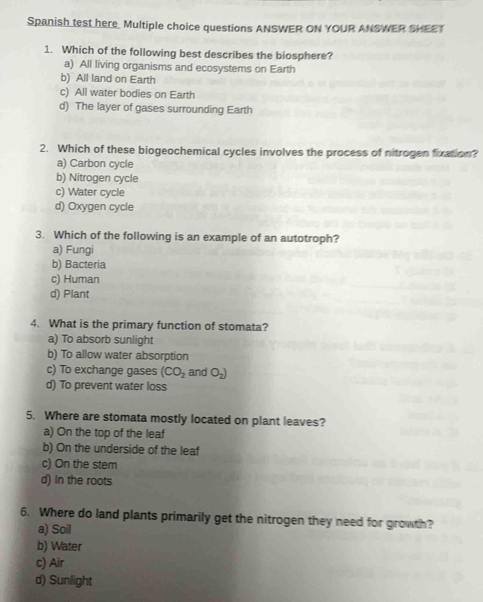 spanish test here multiple choice questions answer on your answer sheet…