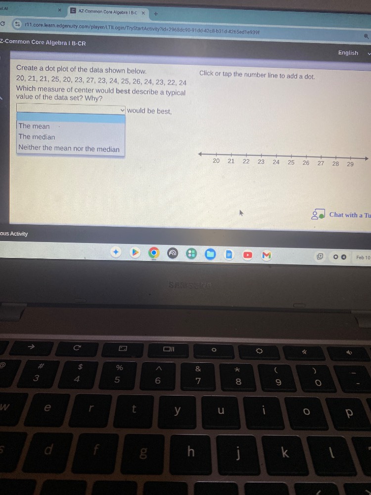 create a dot plot of the data shown below.20, 21, 21, 25, 20, 23, 27, 2…