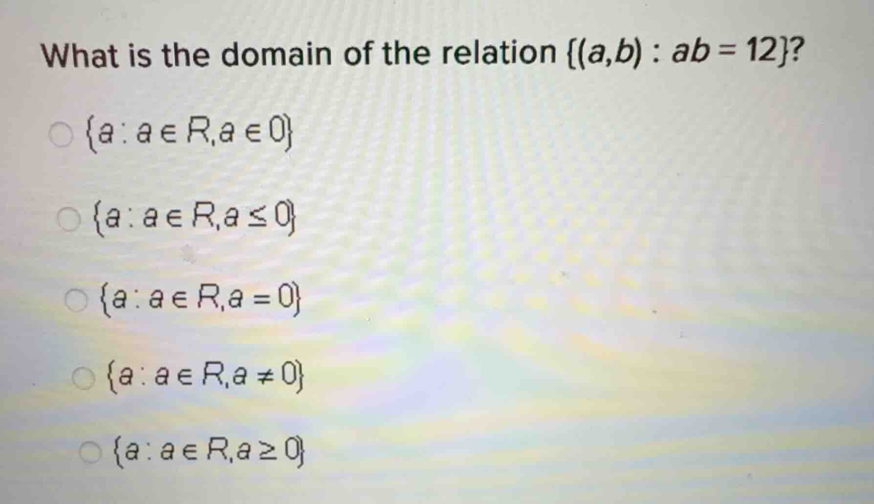 what is the domain of the relation ${(a,b): ab=12}$?${a: ain r,ain0}$${…