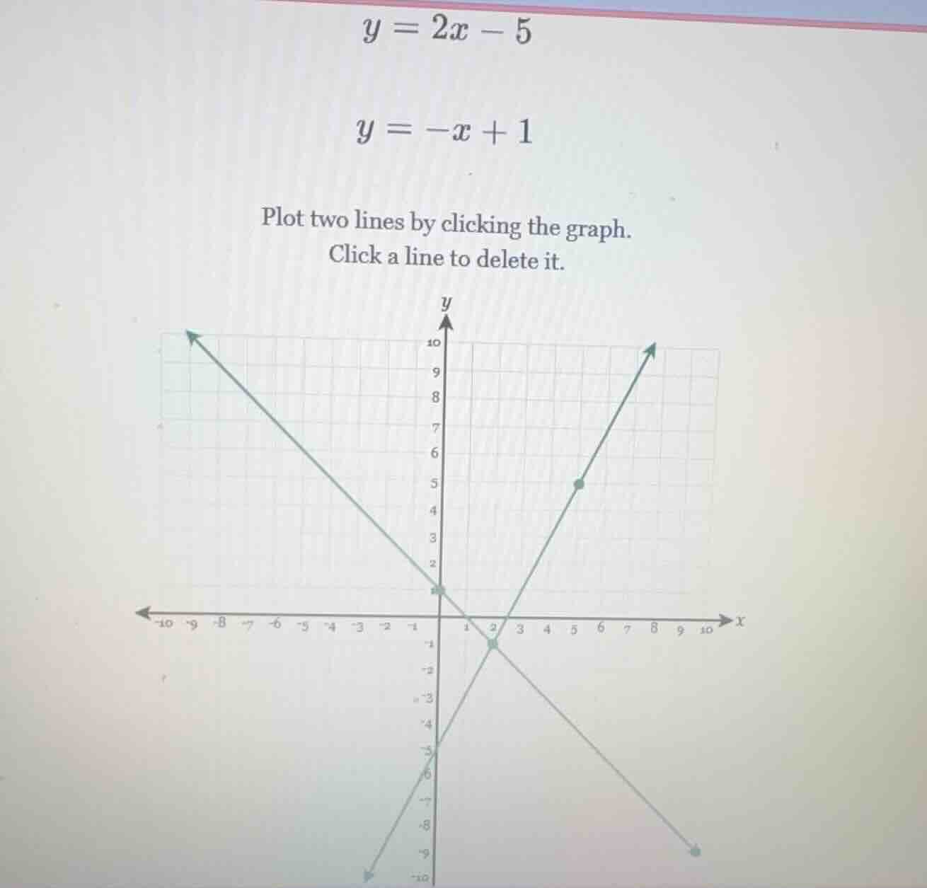 $y = 2x - 5$ $y = -x + 1$ plot two lines by clicking the graph. click a…
