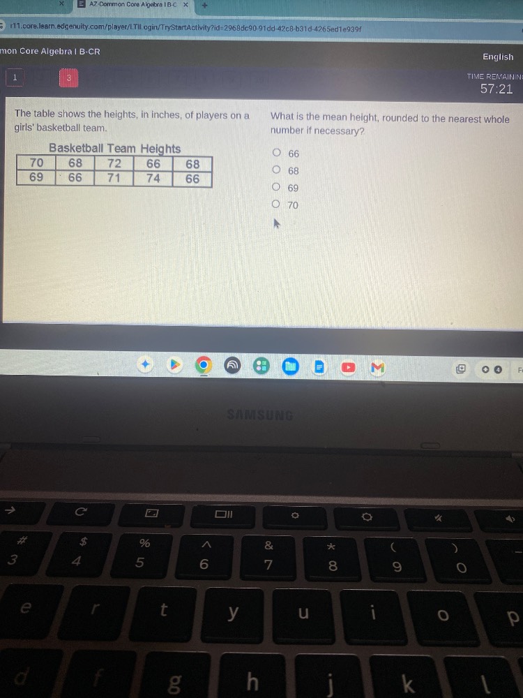 the table shows the heights, in inches, of players on a girls basketbal…