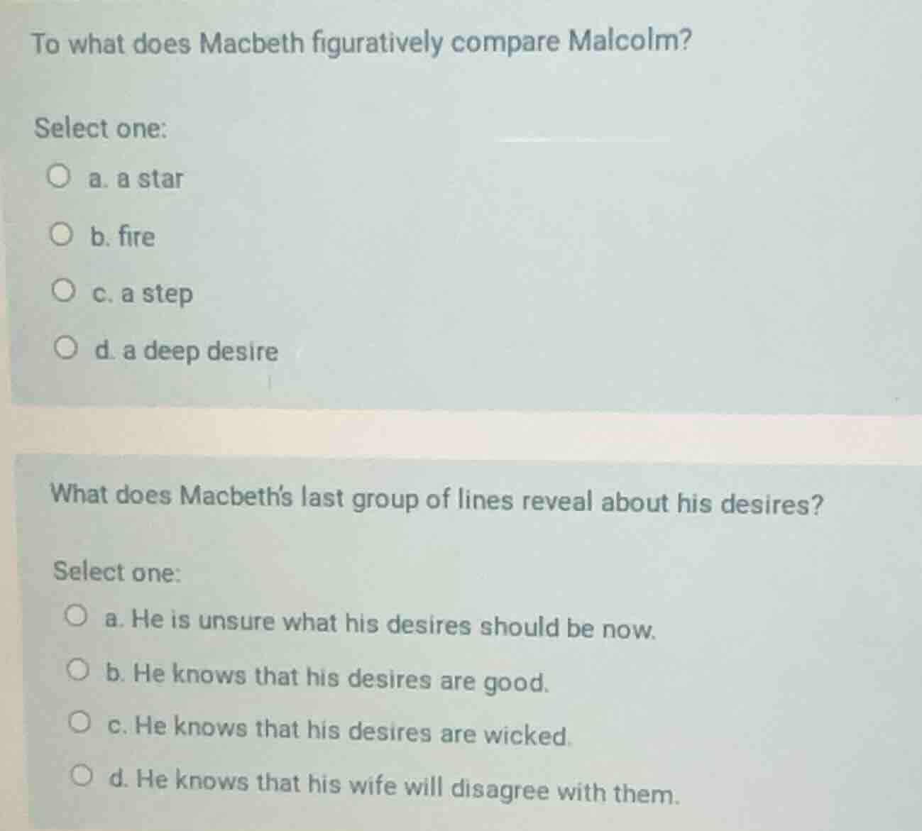 to what does macbeth figuratively compare malcolm? select one: a. a sta…
