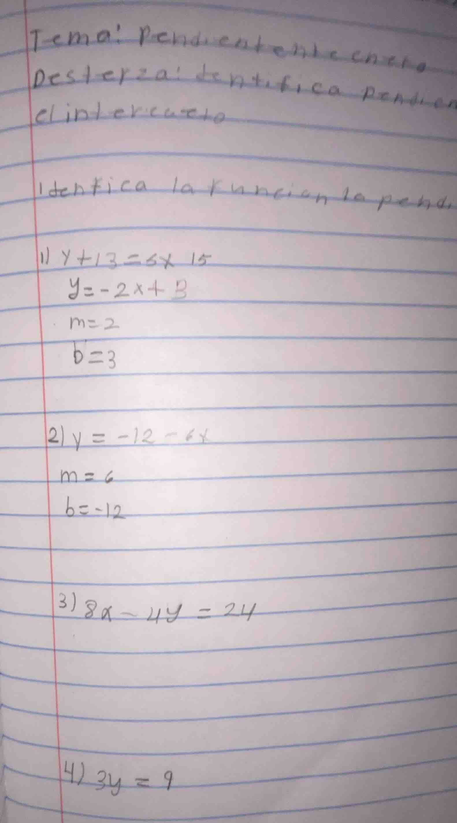 tema: pendiente en recta destreza: identifica pendien el intercepto ide…