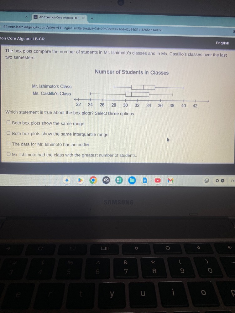 on core algebra i b-cr english the box plots compare the number of stud…