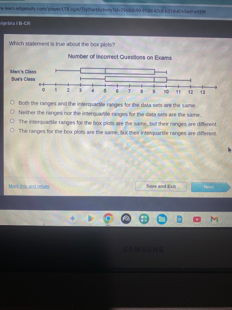 algebra i b-cr which statement is true about the box plots? number of i…
