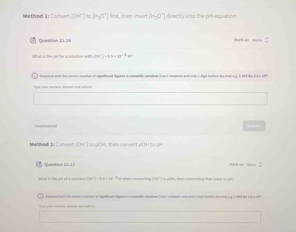 method 1: convert $oh^-$ to $h_3o^+$ first, then insert $h_3o^+$ direct…