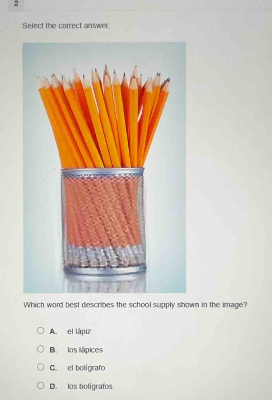 2 select the correct answer. which word best describes the school suppl…