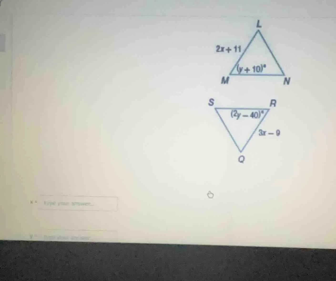 in triangle lmn: side lm is $2x+11$, angle at m is $(y+10)^{circ}$ in t…