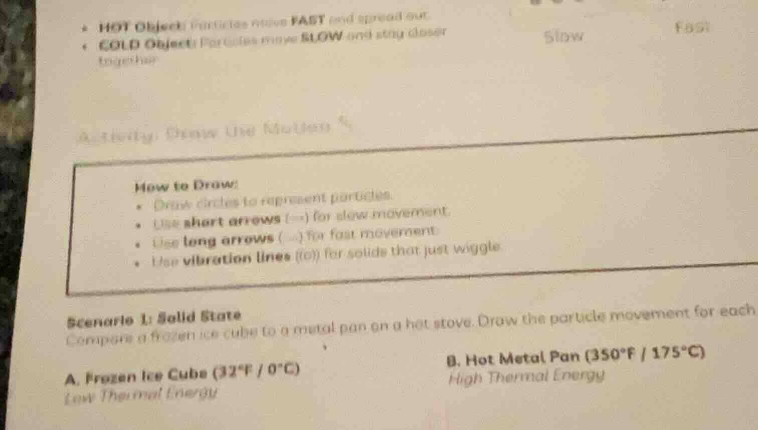 - hot objects particles move fast and spread out.- cold objects particl…