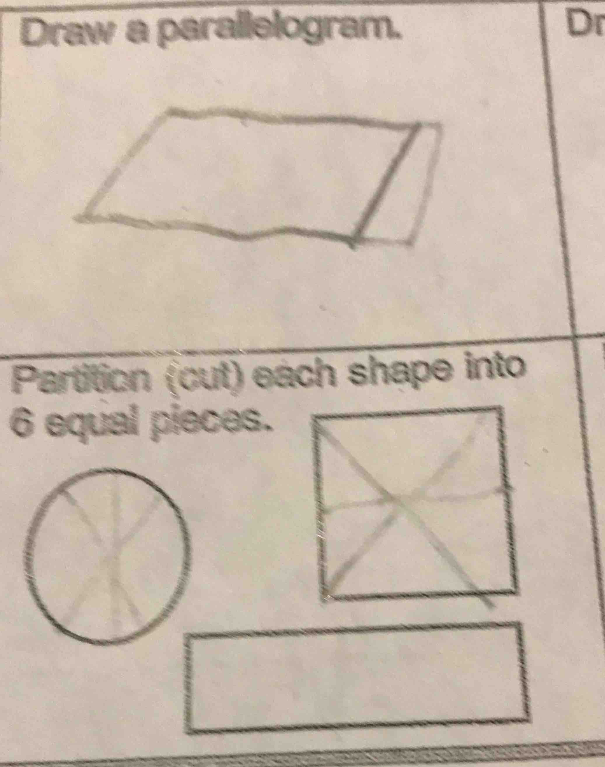 draw a parallelogram. partition (cut) each shape into 6 equal pieces.