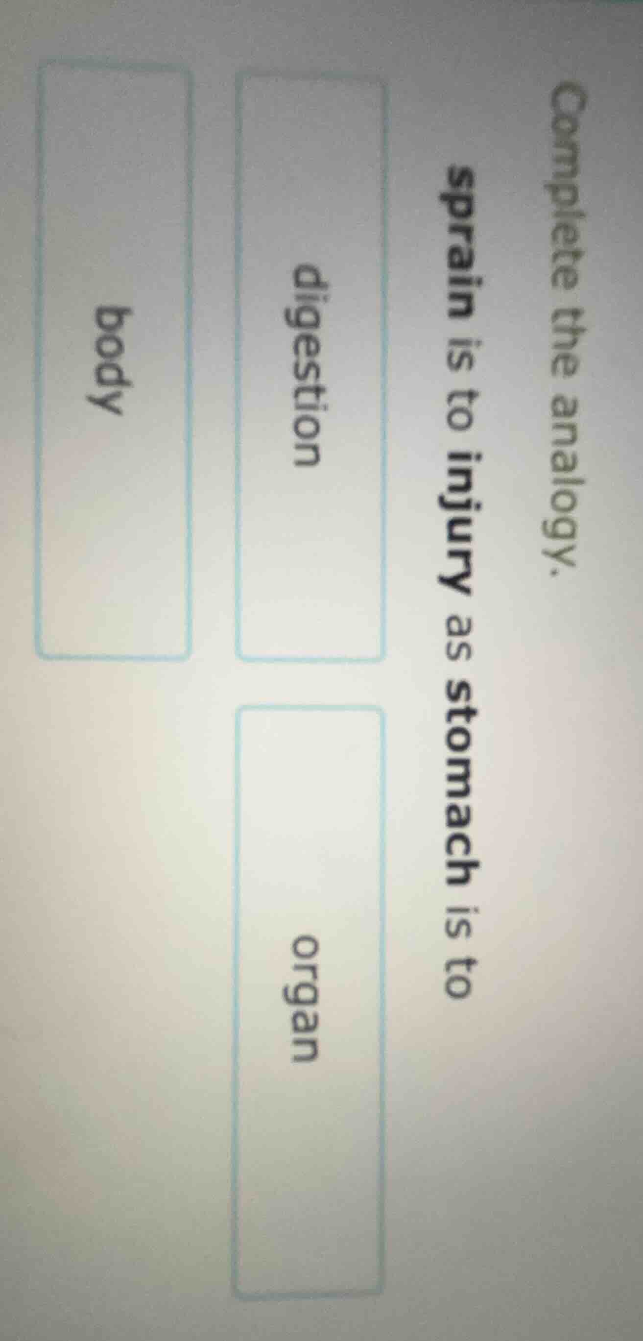 complete the analogy. sprain is to injury as stomach is to digestion or…