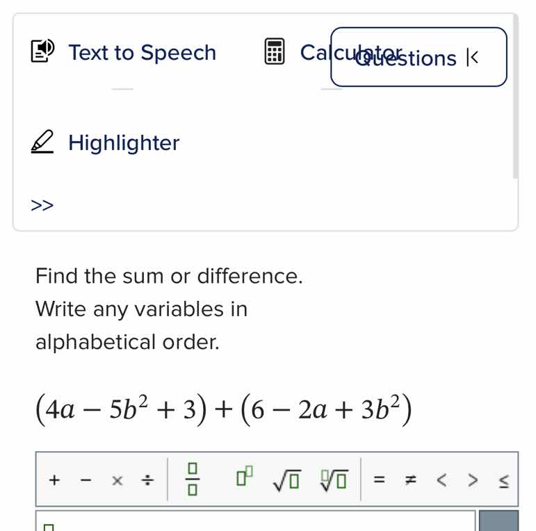 find the sum or difference. write any variables in alphabetical order. …