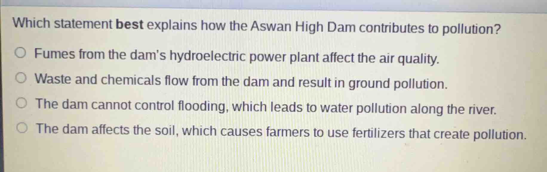 which statement best explains how the aswan high dam contributes to pol…