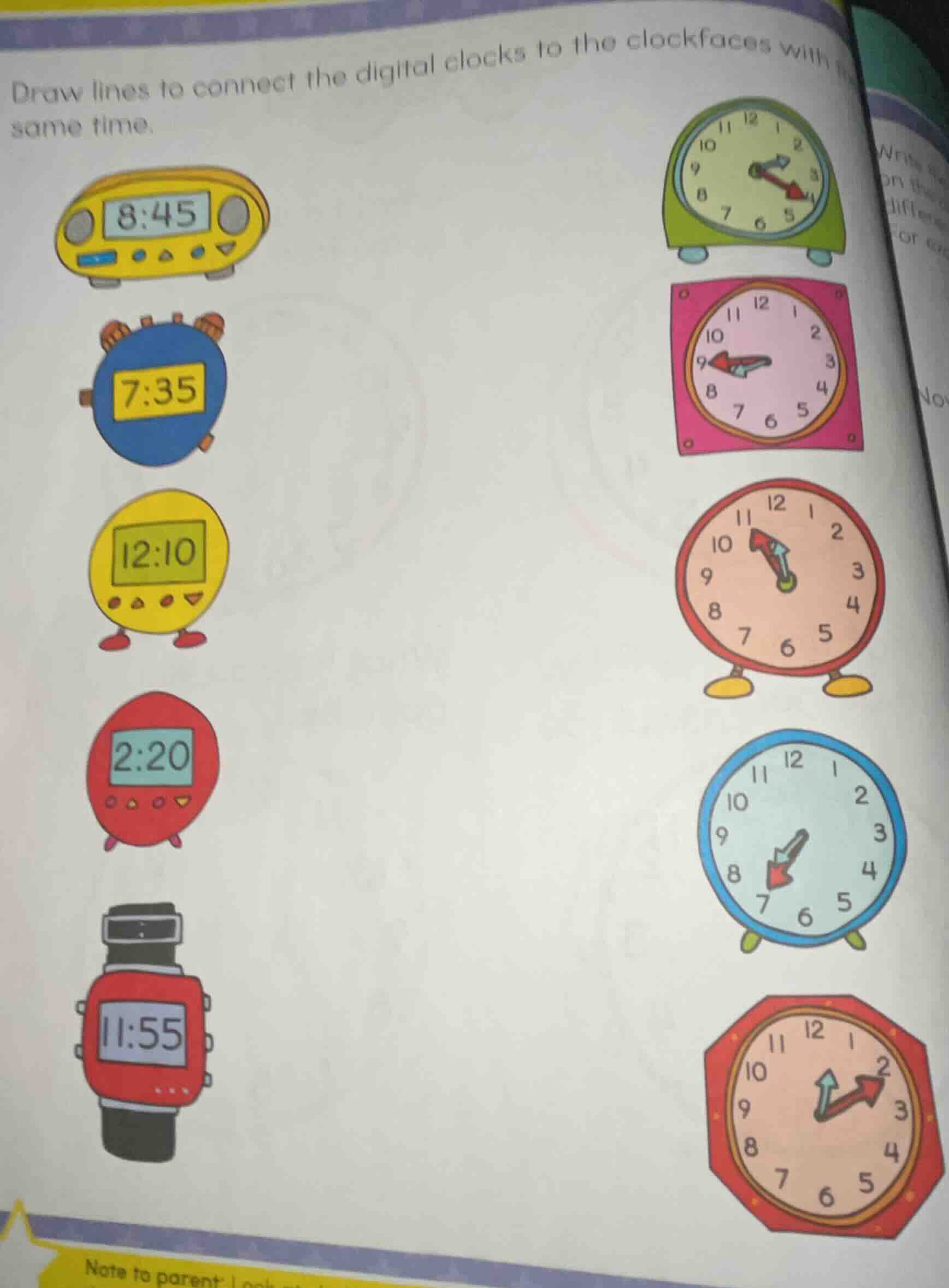 draw lines to connect the digital clocks to the clockfaces with the sam…