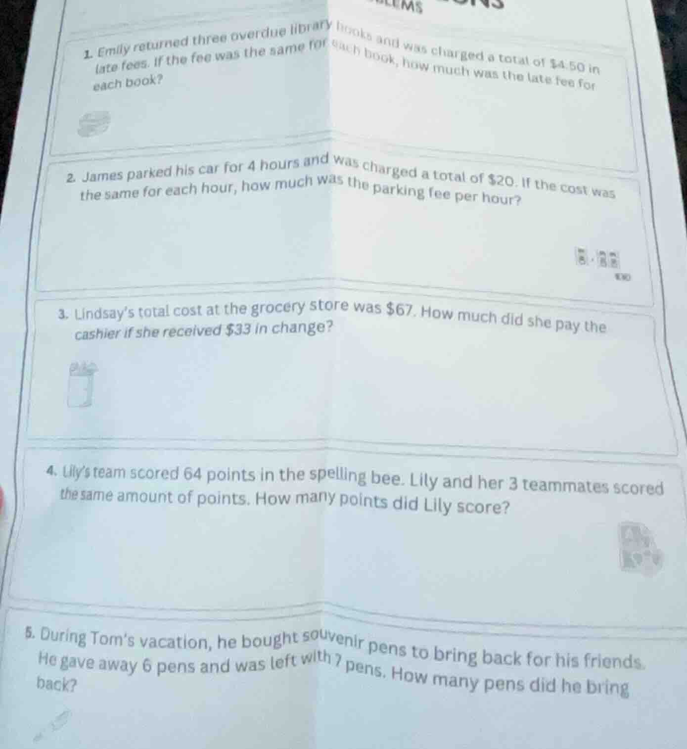 1. emily returned three overdue library books and was charged a total o…