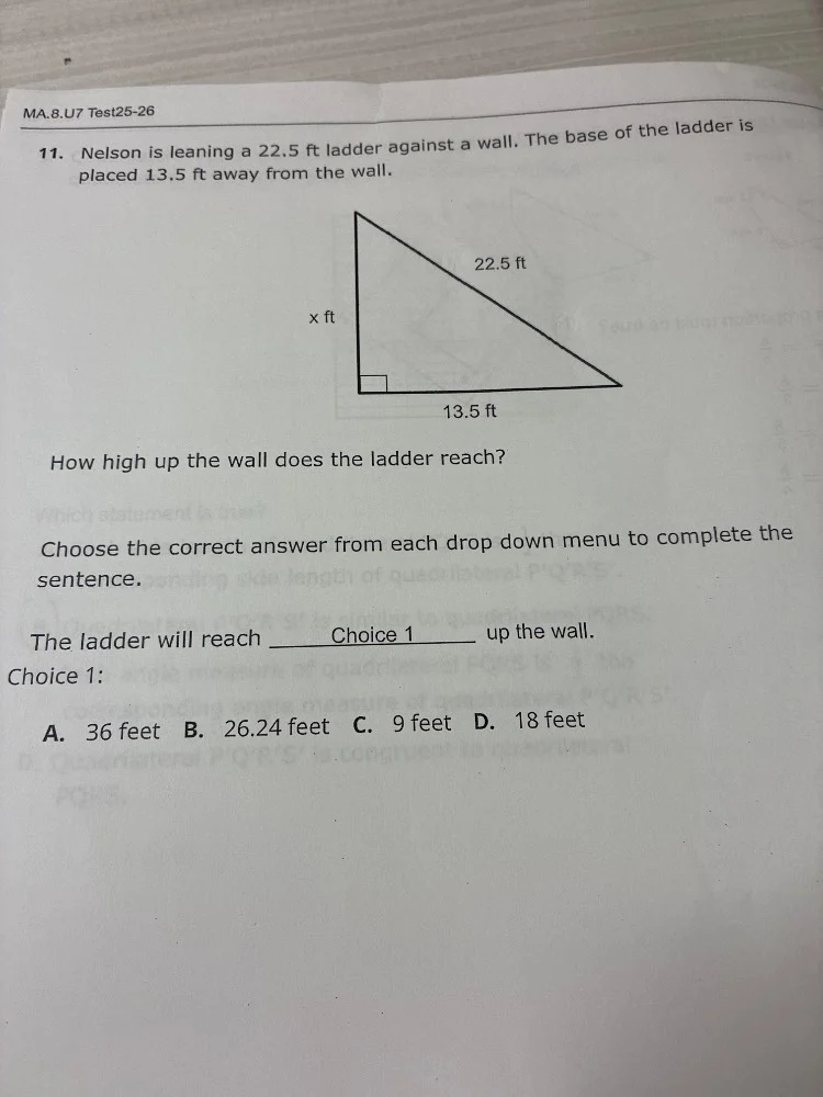 ma.8.u7 test25-26 11. nelson is leaning a 22.5 ft ladder against a wall…