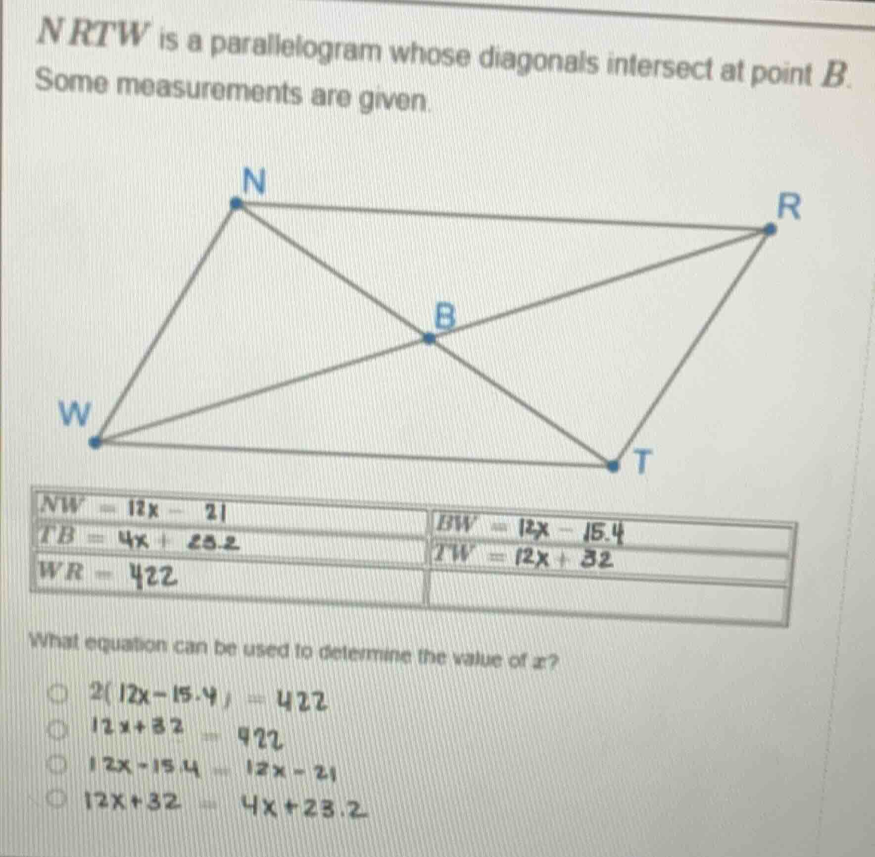 $nrtw$ is a parallelogram whose diagonals intersect at point $b$. some …