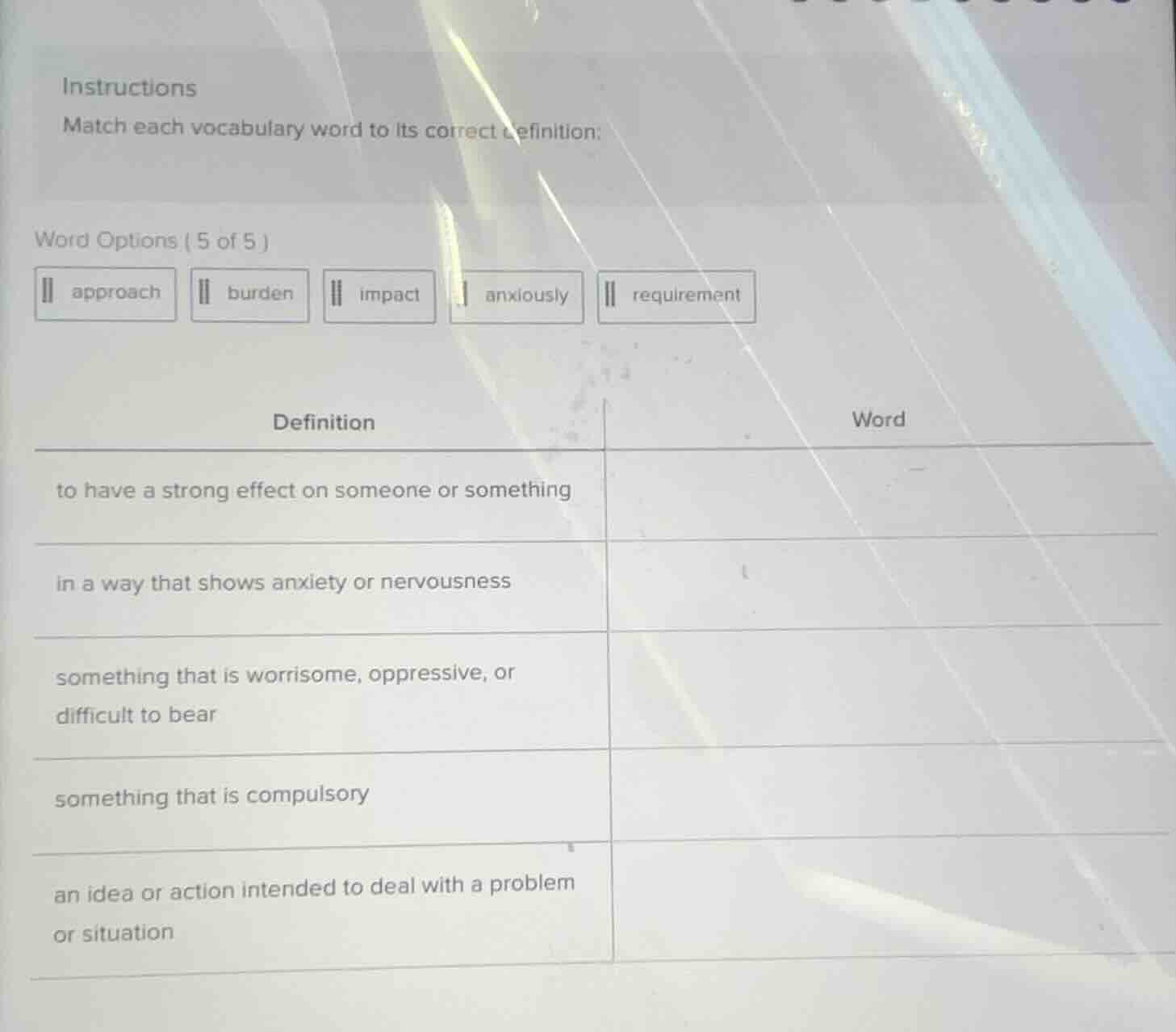 instructions match each vocabulary word to its correct definition: word…