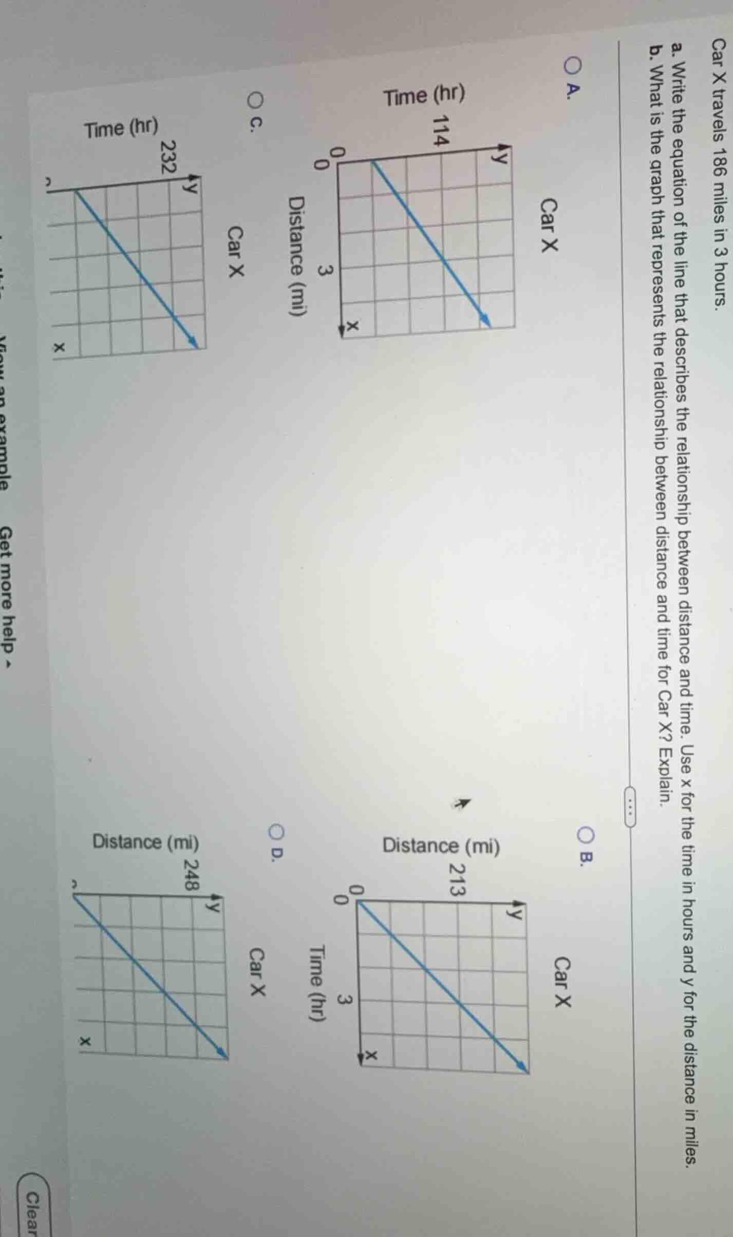 car x travels 186 miles in 3 hours. a. write the equation of the line t…