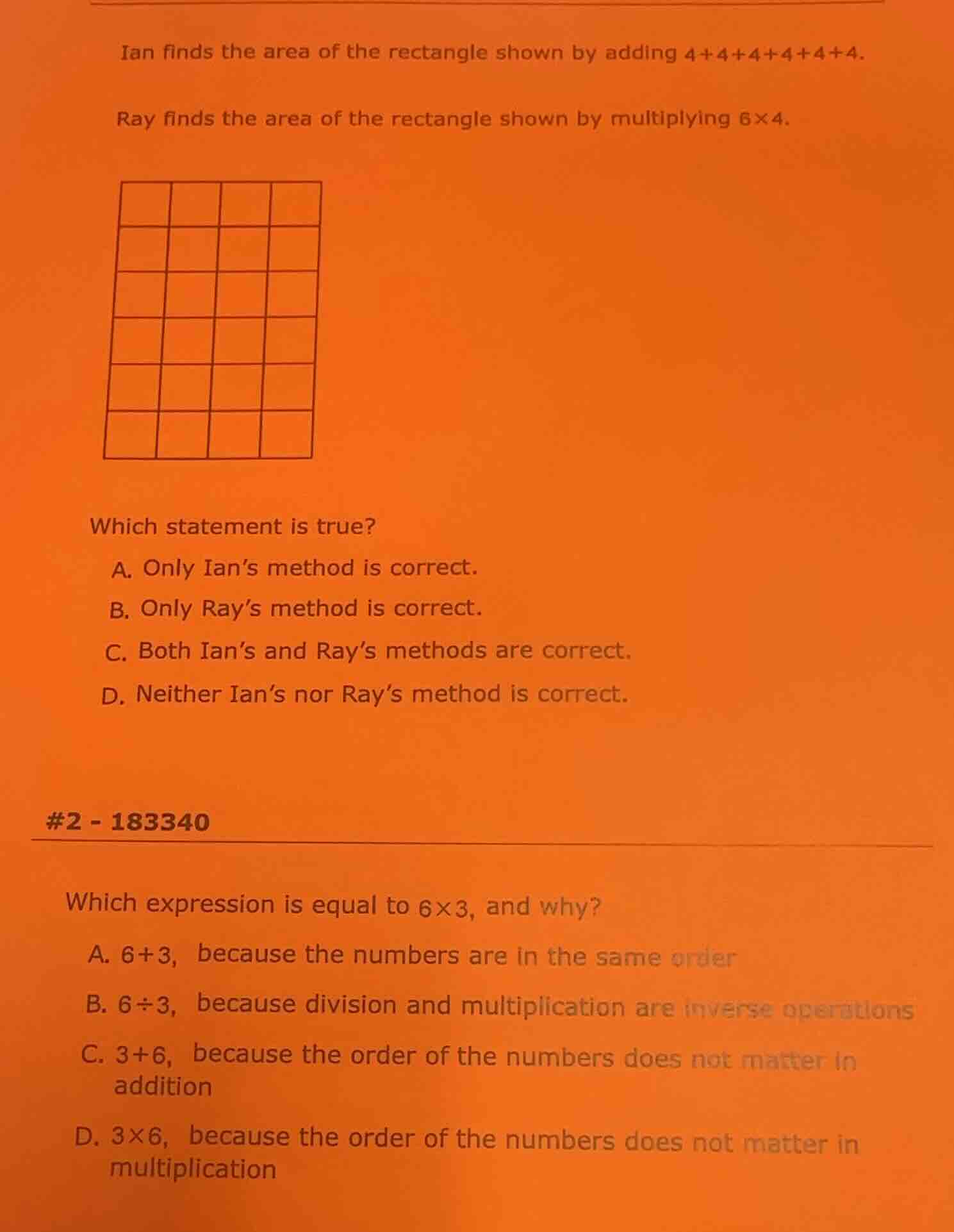 ian finds the area of the rectangle shown by adding 4+4+4+4+4+4.ray fin…