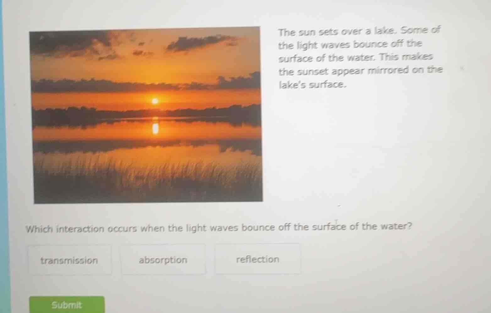 the sun sets over a lake. some of the light waves bounce off the surfac…