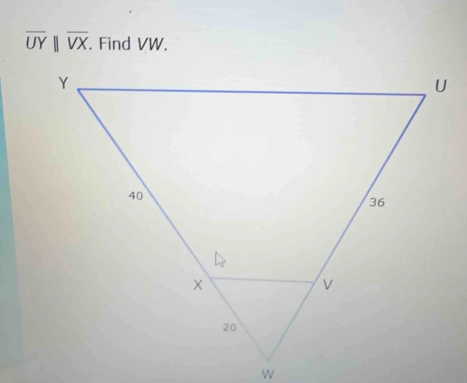 $overline{uy} parallel overline{vx}$. find $vw$.