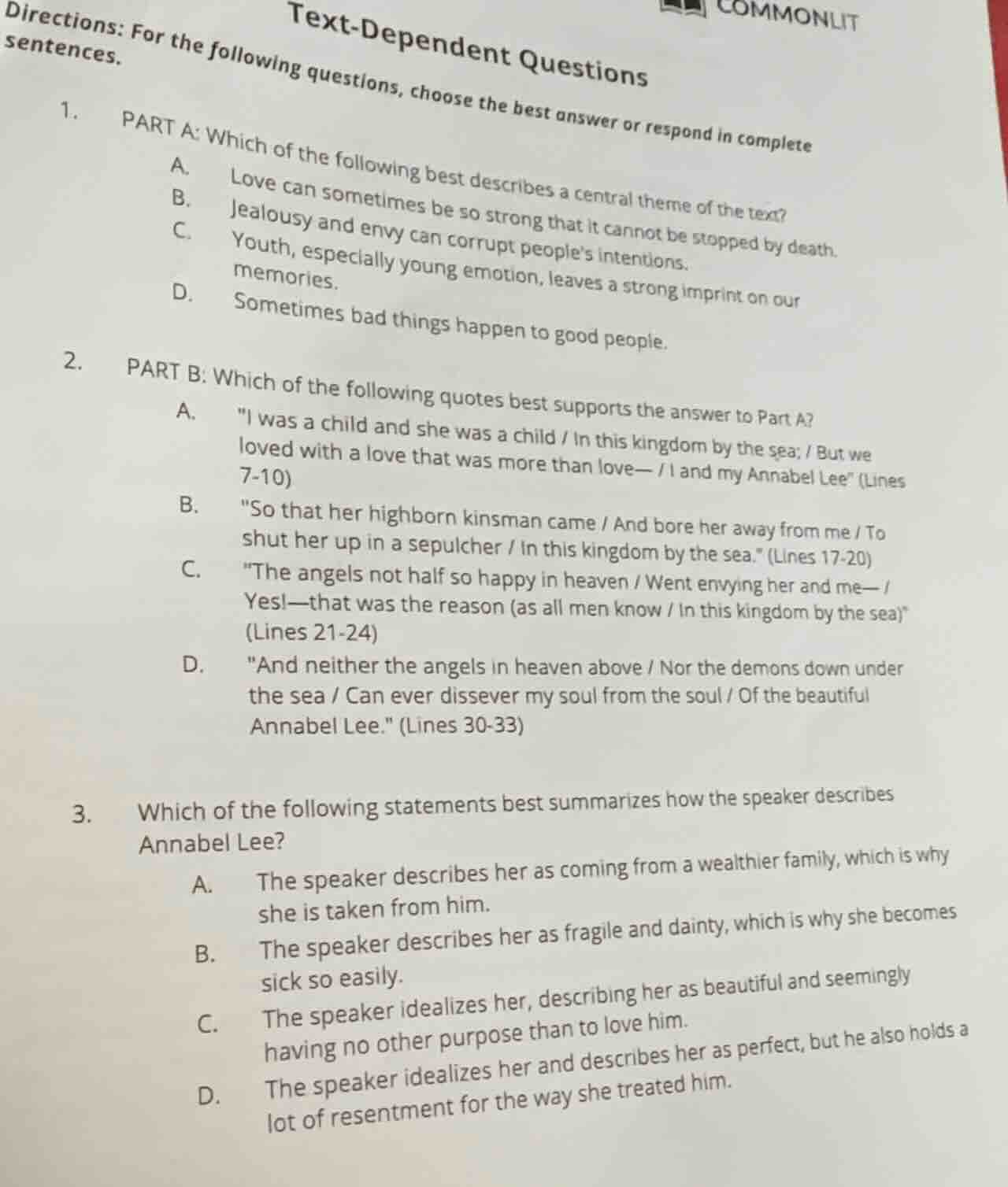 commonlit text-dependent questions directions: for the following questi…