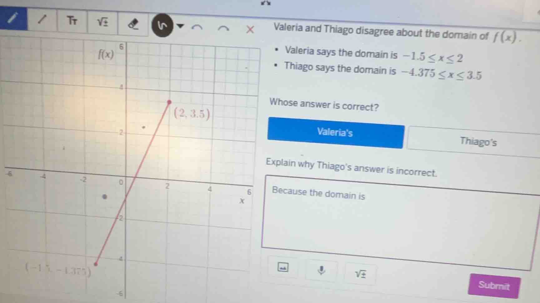 valeria and thiago disagree about the domain of $f(x)$.- valeria says t…