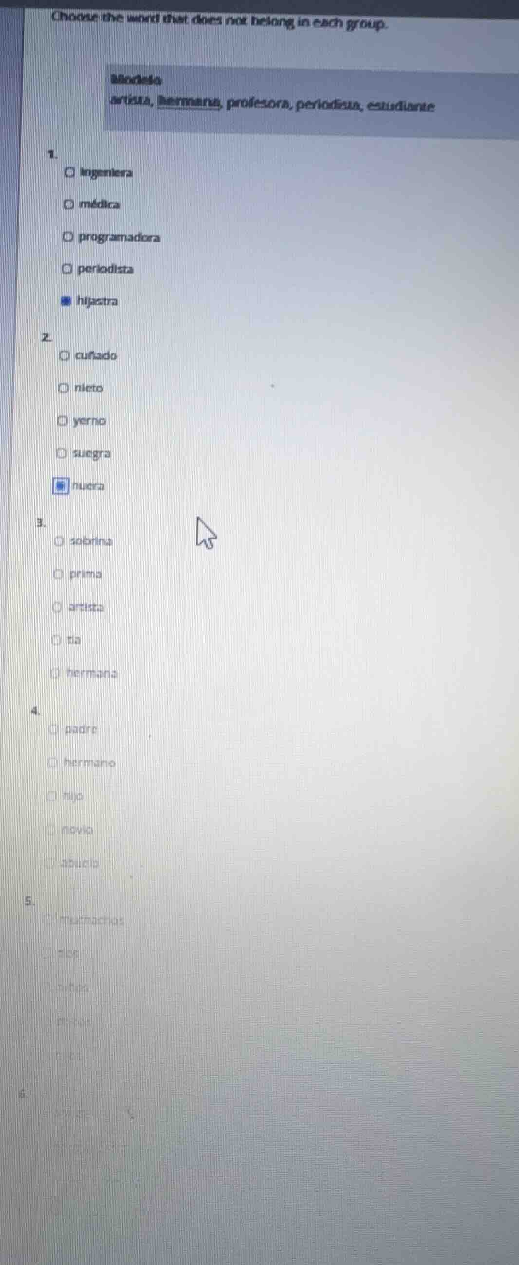 choose the word that does not belong in each group. modelo artista, her…