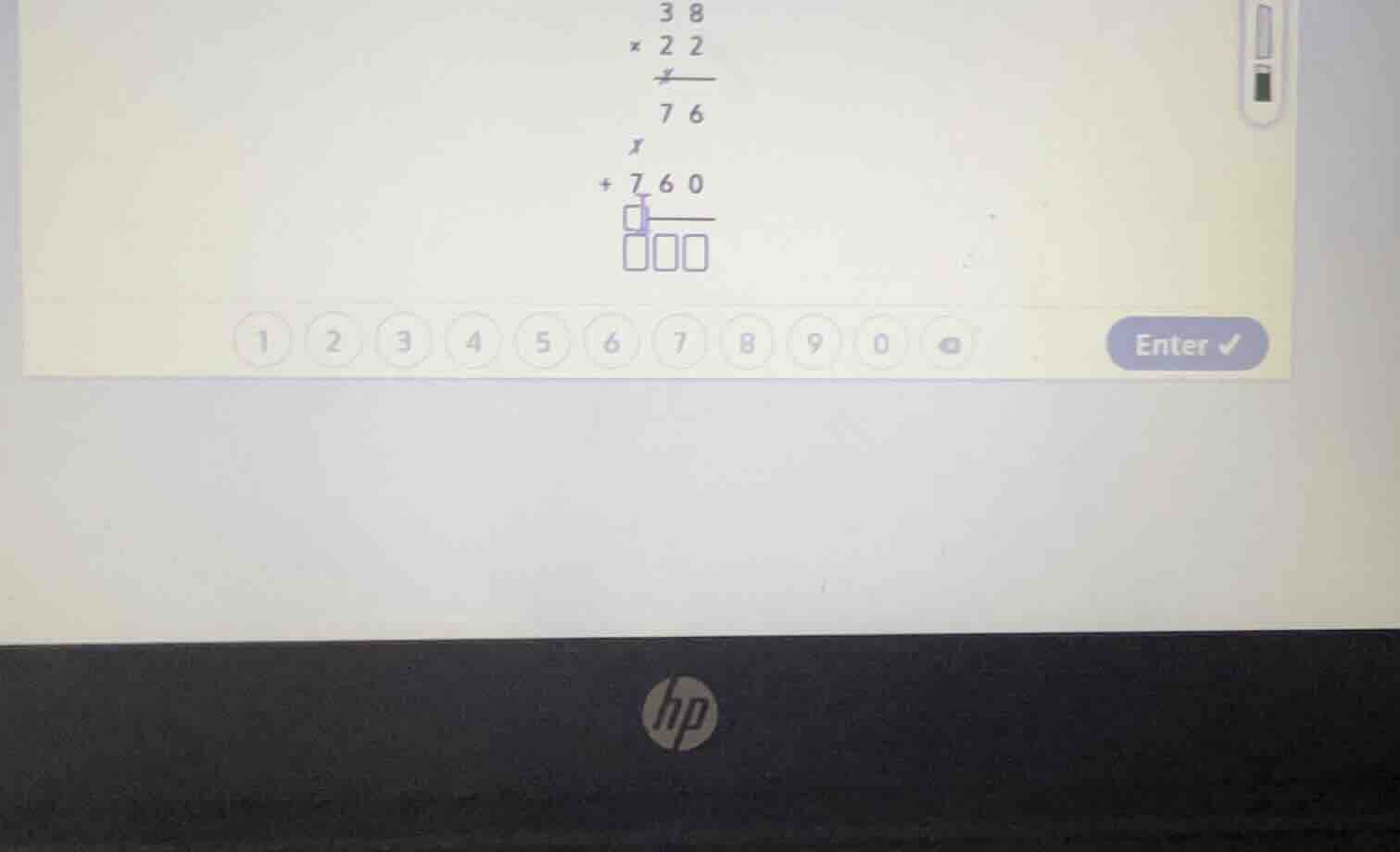 $\\begin{array}{r}38\\\\×22\\hline76\\\\+760\\hline□□□\\end{array}$