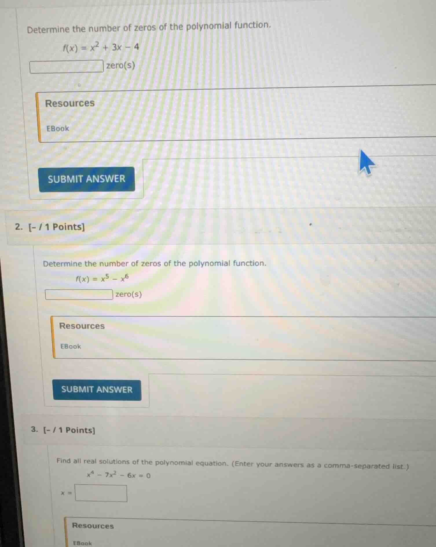 determine the number of zeros of the polynomial function. $f(x) = x^2 +…