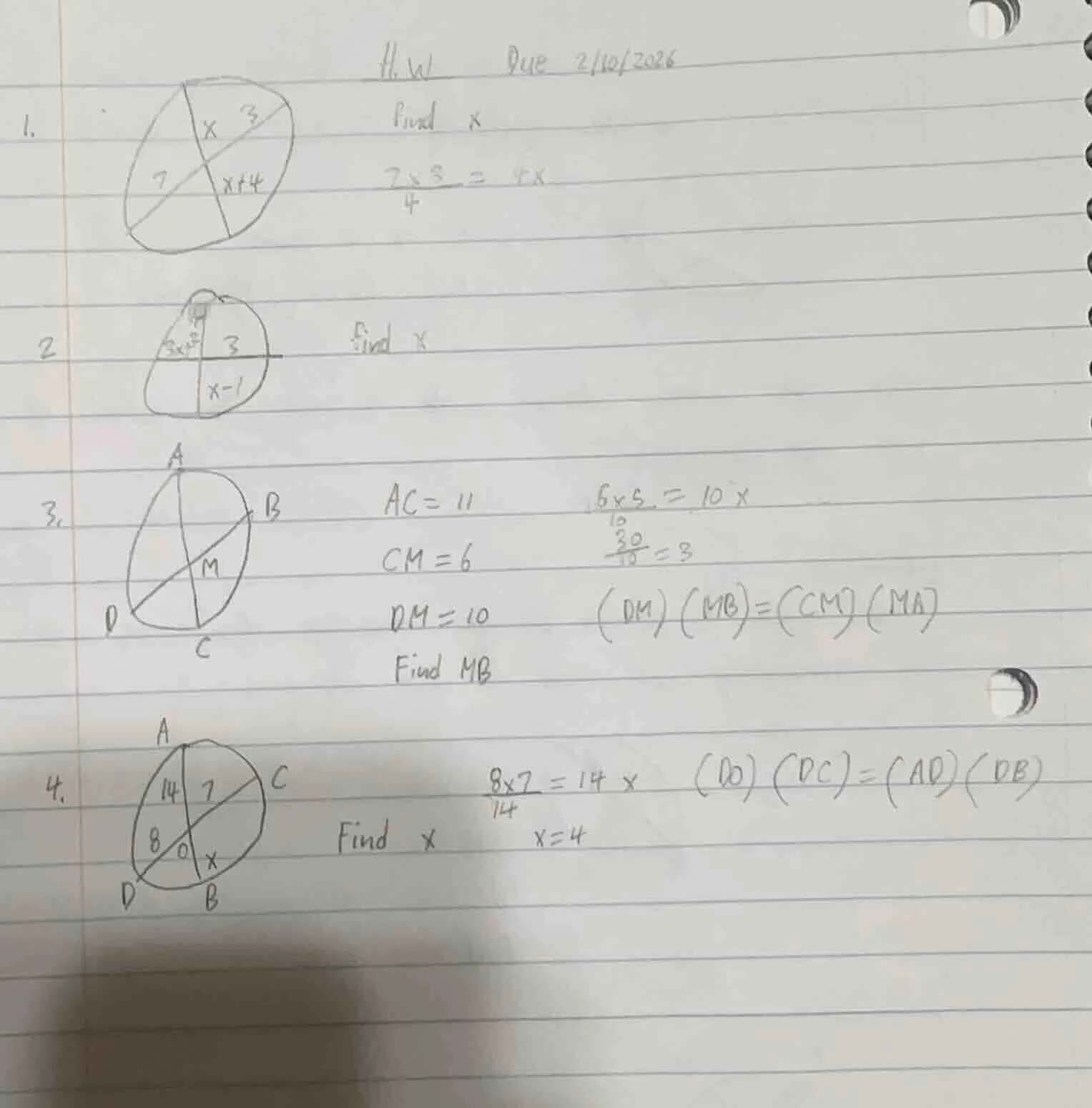 h.w due 2/10/2026 1. find x $\frac{7×3}{4}= x$ 2. find x 3. $ac= 11$ $c…
