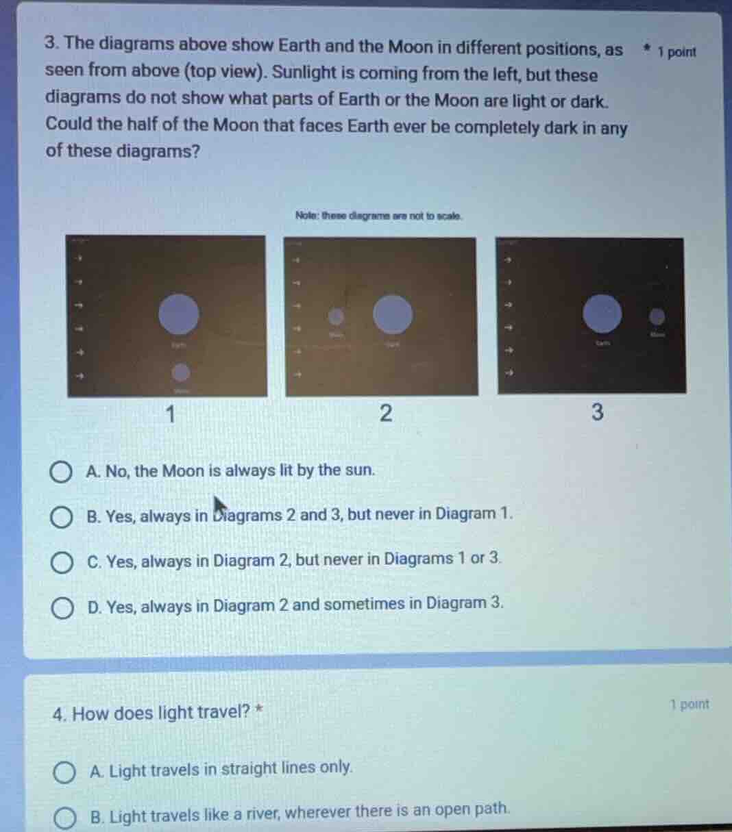 3. the diagrams above show earth and the moon in different positions, a…