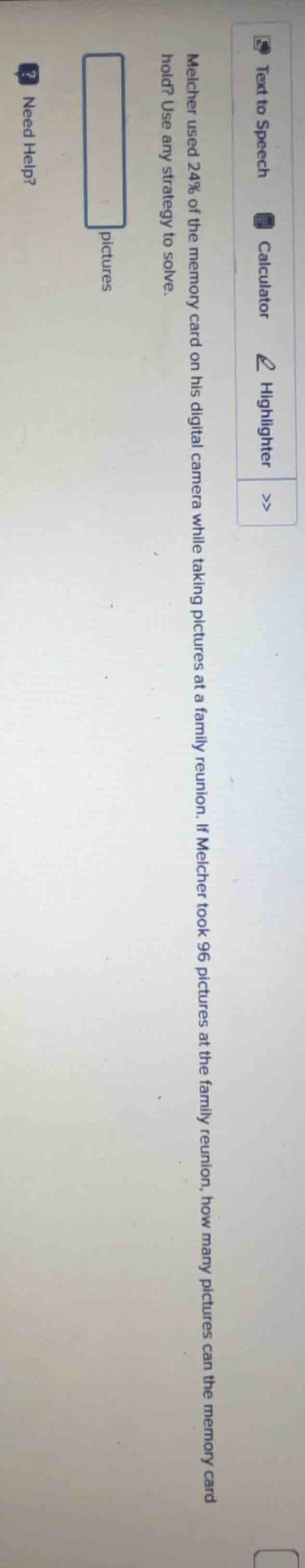 melcher used 24% of the memory card on his digital camera while taking …