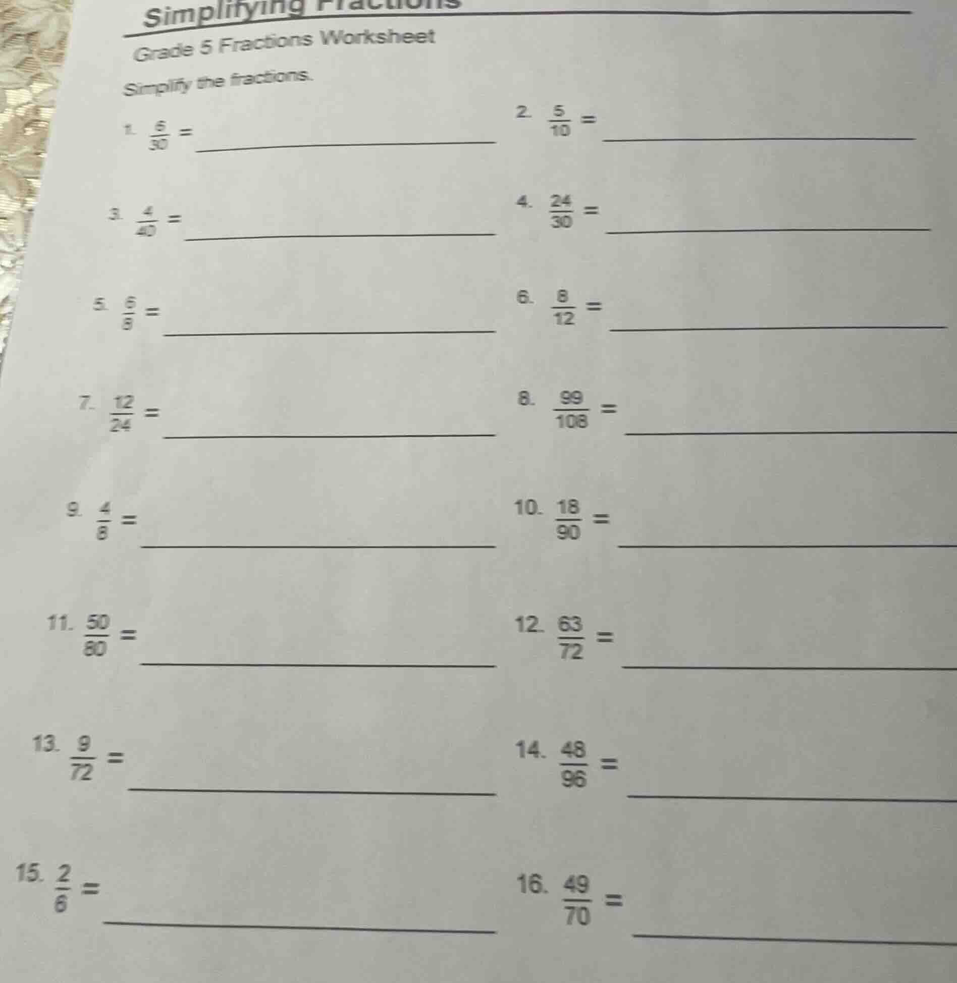 simplifying fractions grade 5 fractions worksheet simplify the fraction…