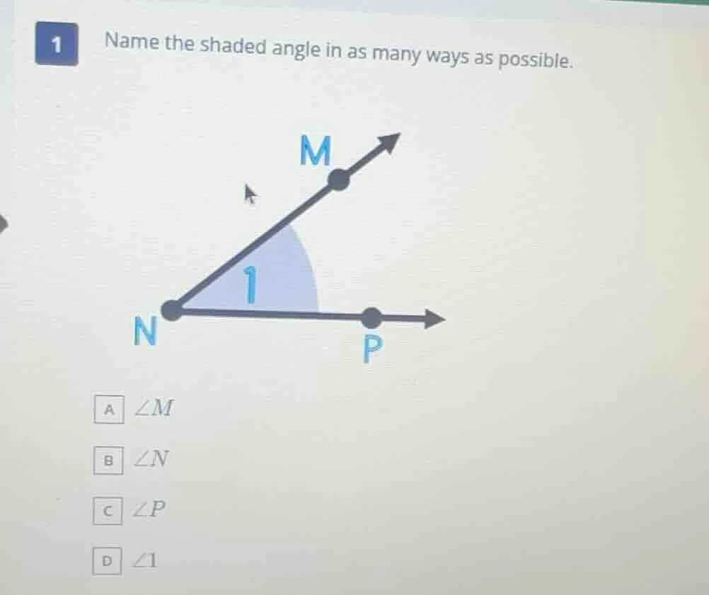1 name the shaded angle in as many ways as possible. a $\\angle m$ b $\…