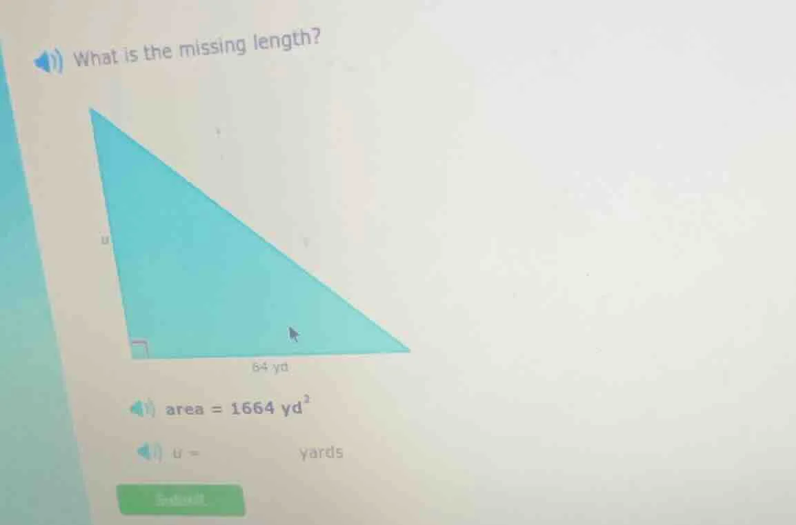 what is the missing length? area = 1664 $yd^{2}$ u = ____ yards