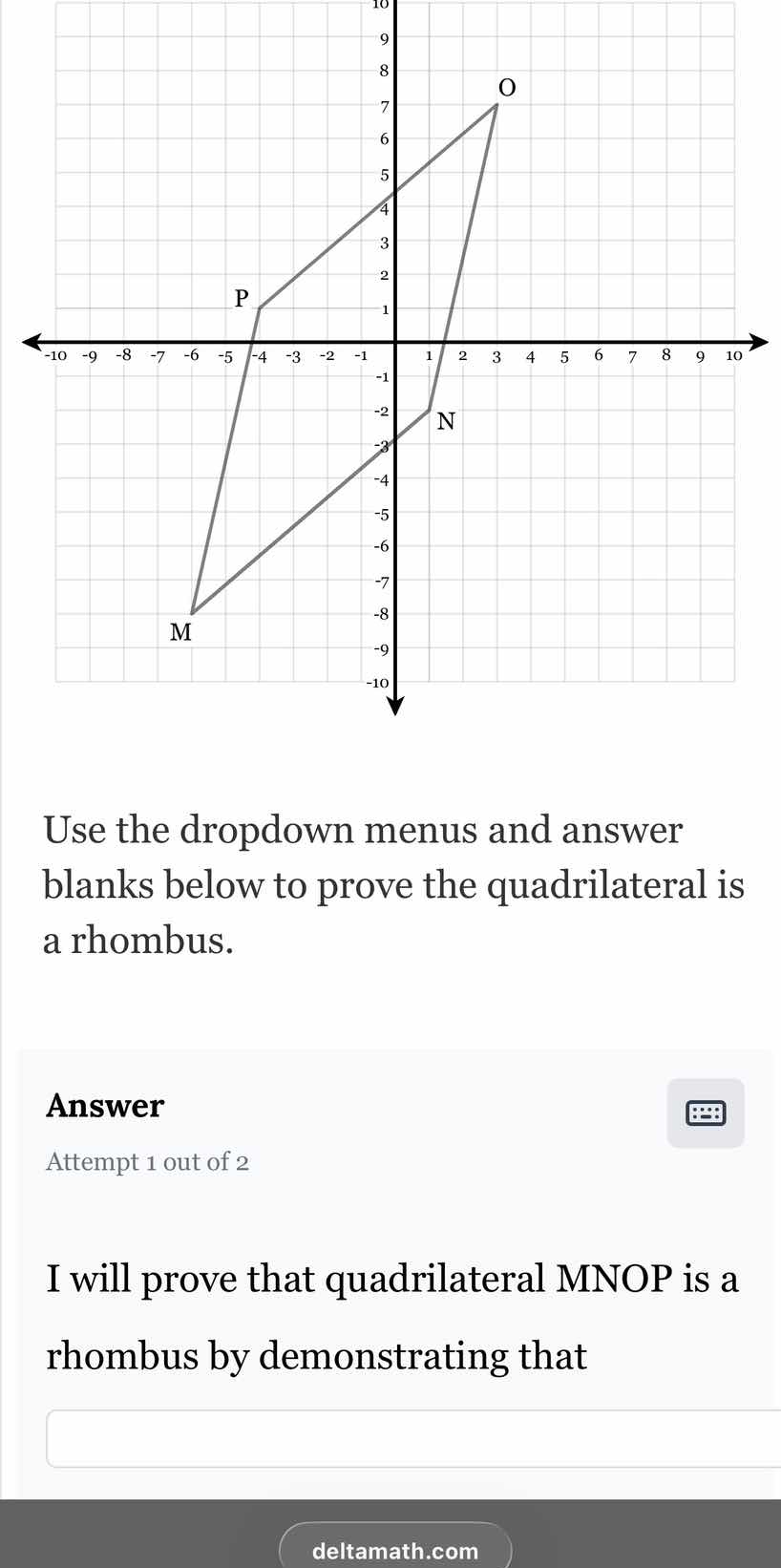 use the dropdown menus and answer blanks below to prove the quadrilater…