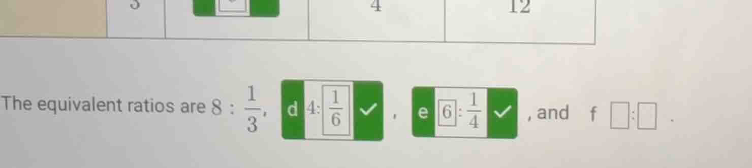 the equivalent ratios are $8: \\frac{1}{3}$, d $4:\\frac{1}{6}$ $\\bold…