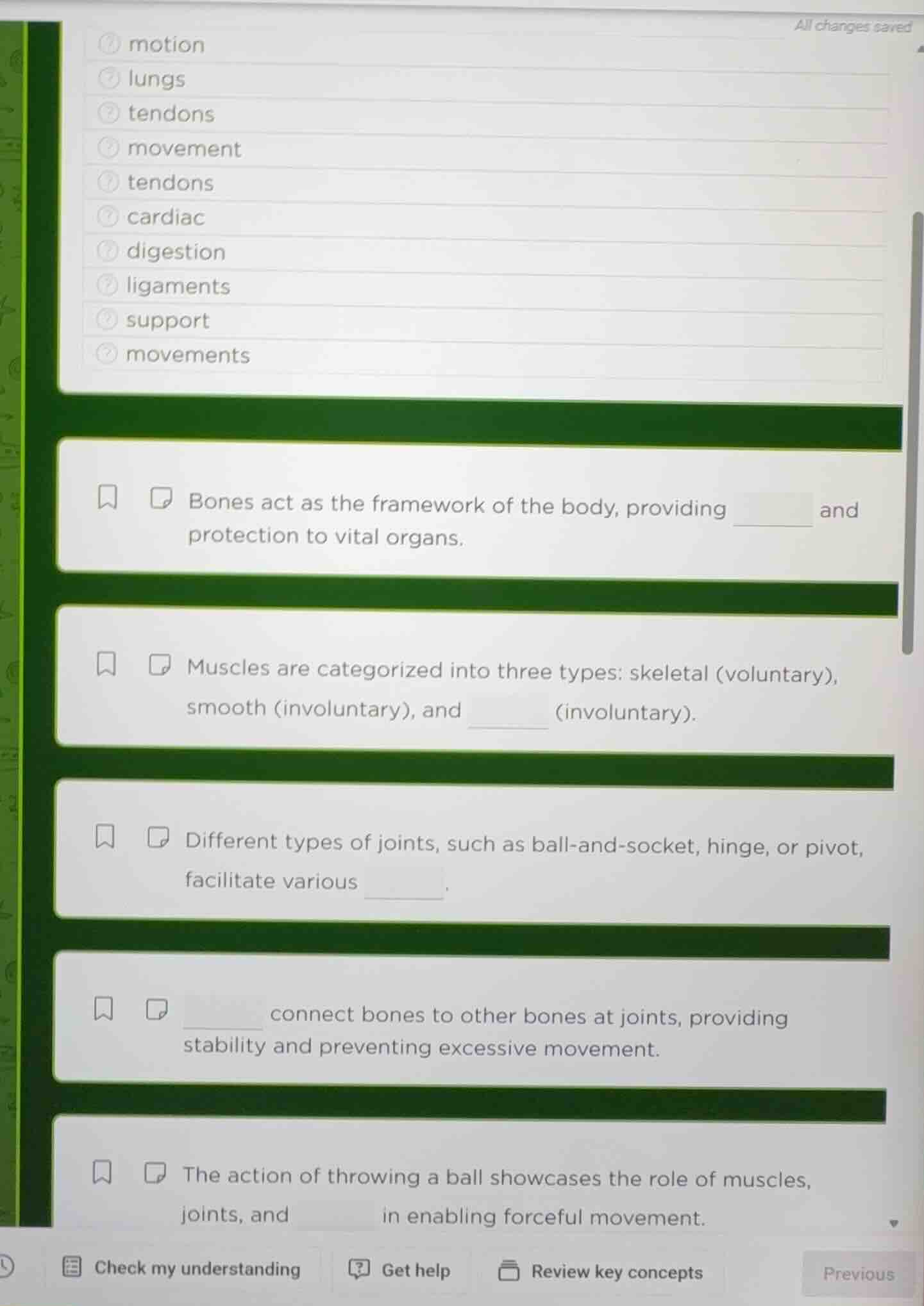 motion lungs tendons movement tendons cardiac digestion ligaments suppo…
